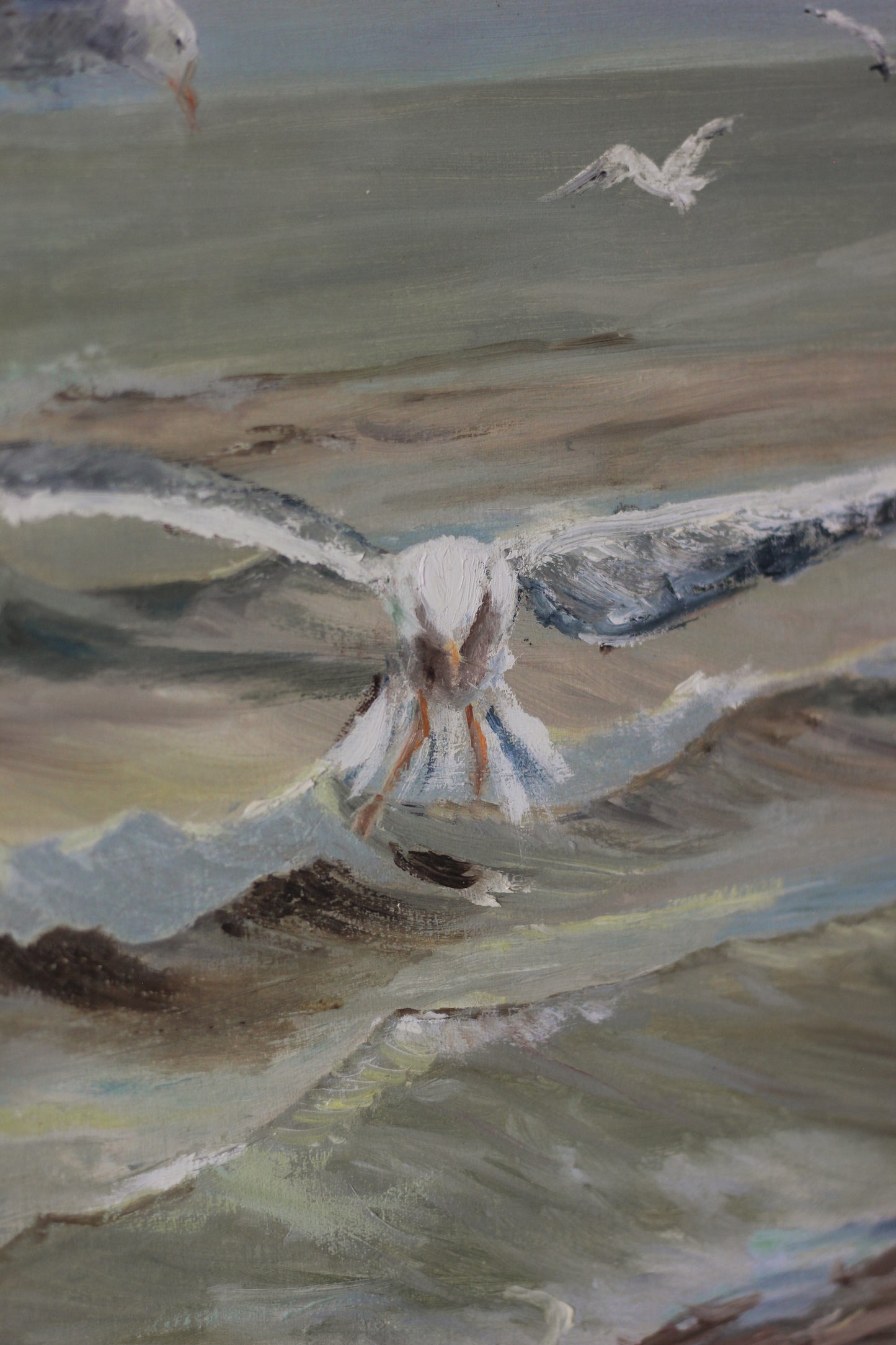 "Scavenging" Seagulls over Waves, Oil on Board