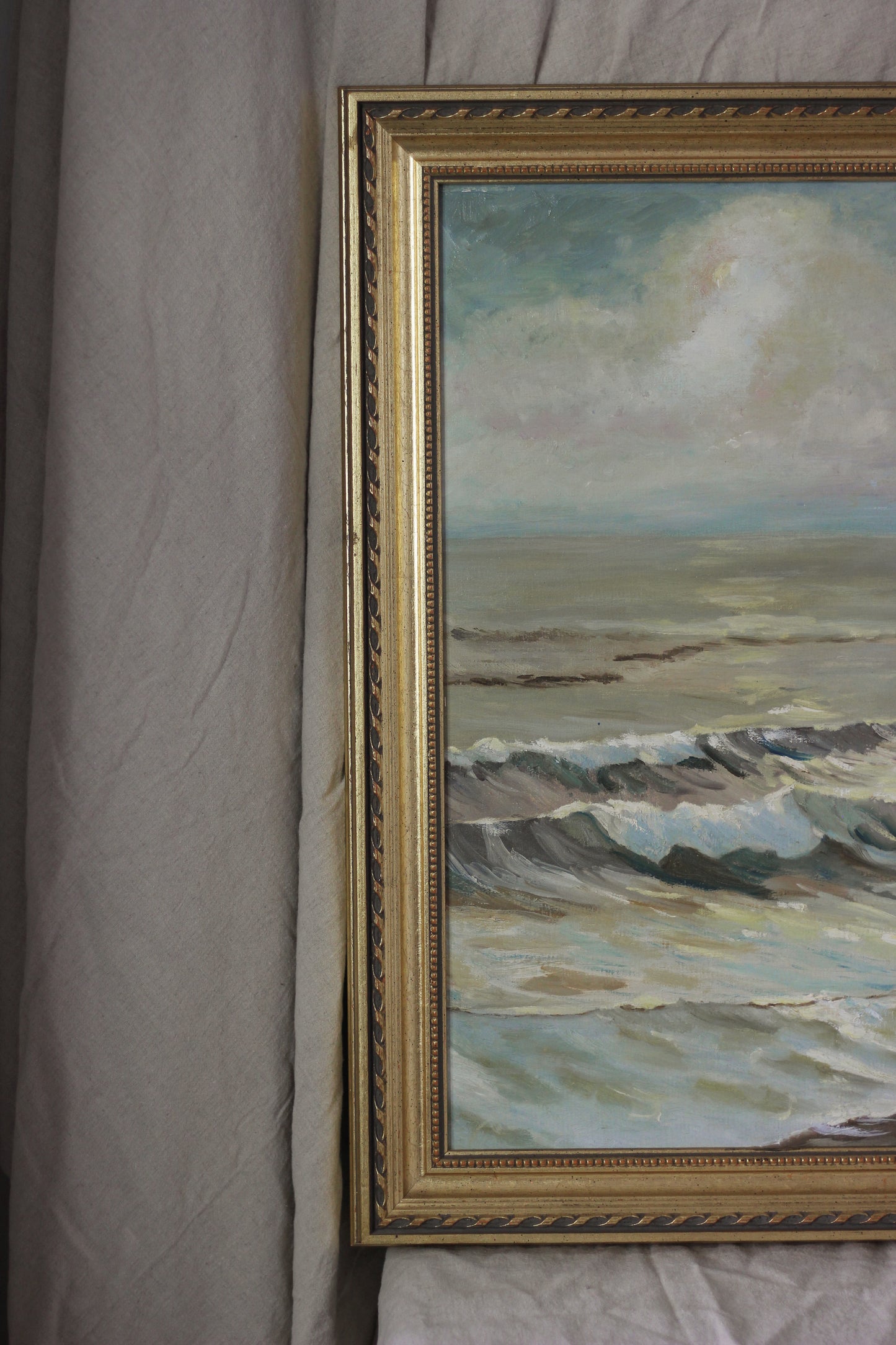 "Scavenging" Seagulls over Waves, Oil on Board