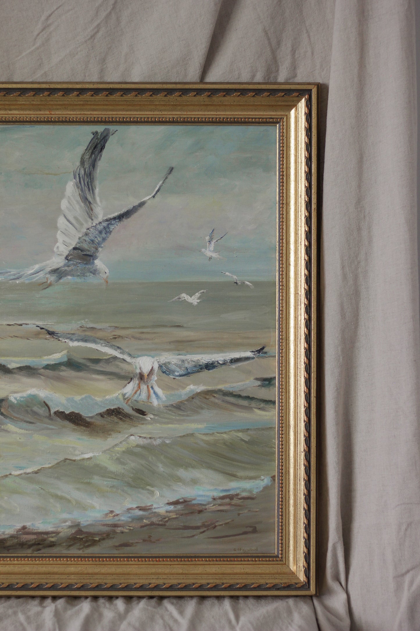 "Scavenging" Seagulls over Waves, Oil on Board