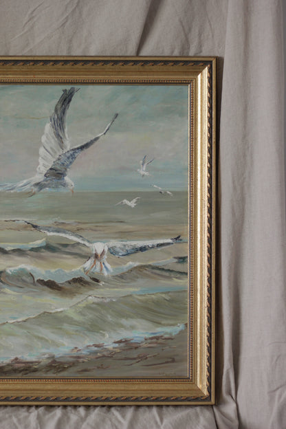 "Scavenging" Seagulls over Waves, Oil on Board
