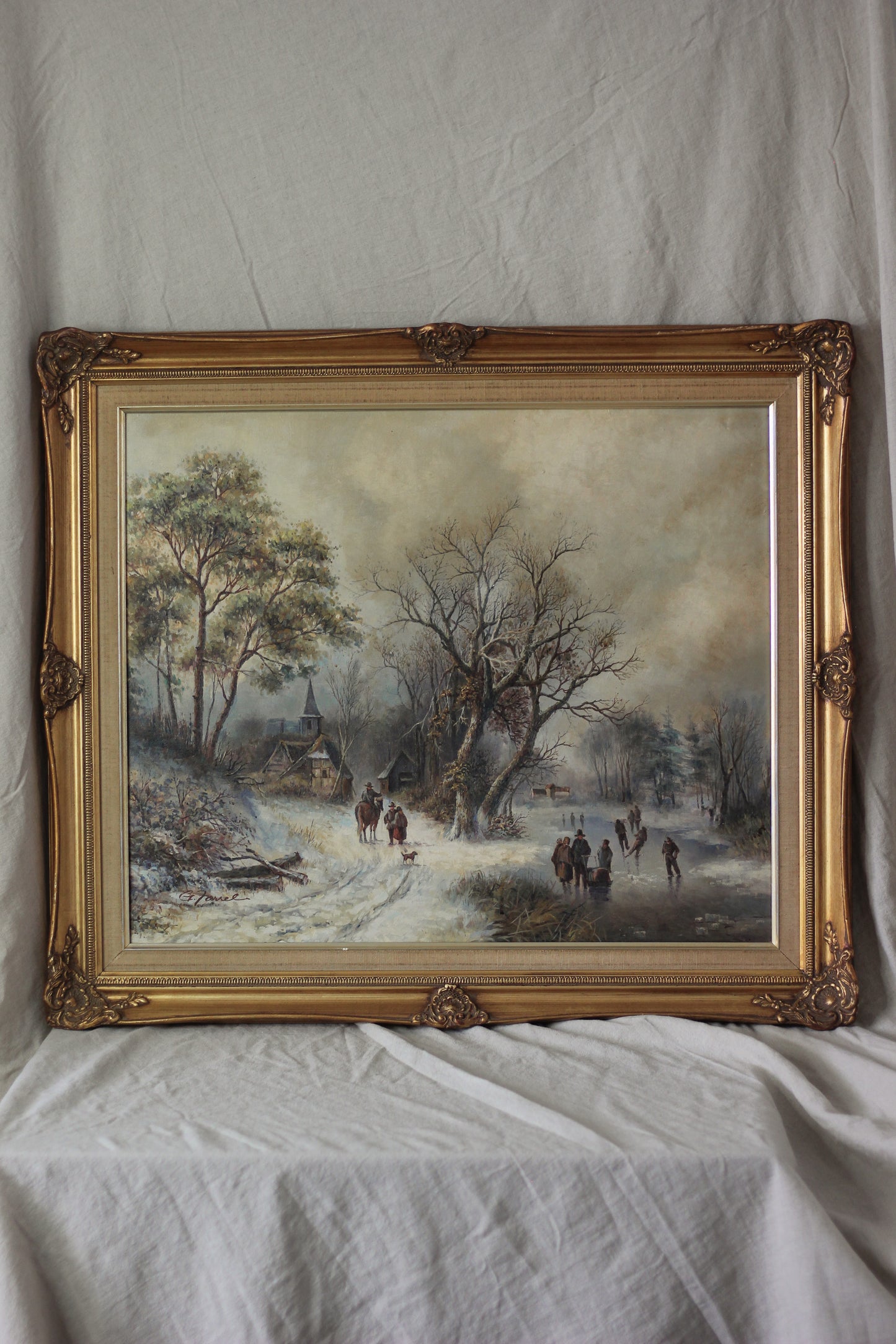 Rustic Winter Village Scene with Skaters and Figures, Oil on Canvas