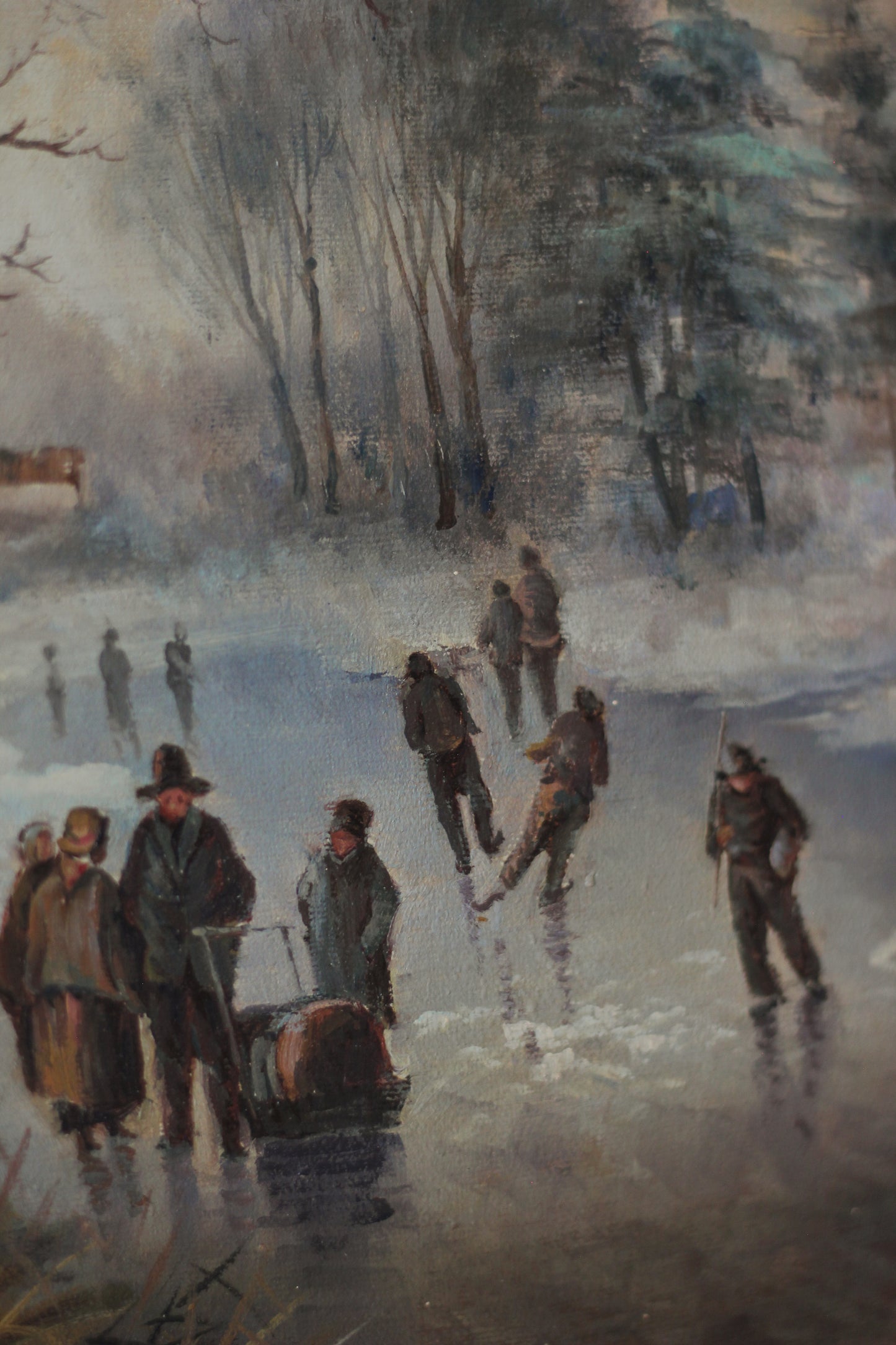 Rustic Winter Village Scene with Skaters and Figures, Oil on Canvas