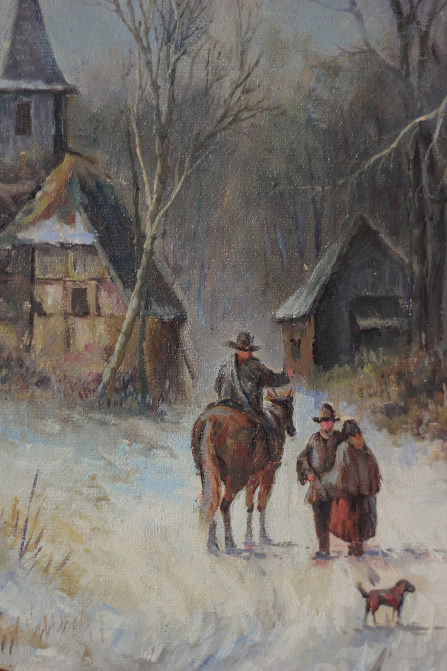 Rustic Winter Village Scene with Skaters and Figures, Oil on Canvas