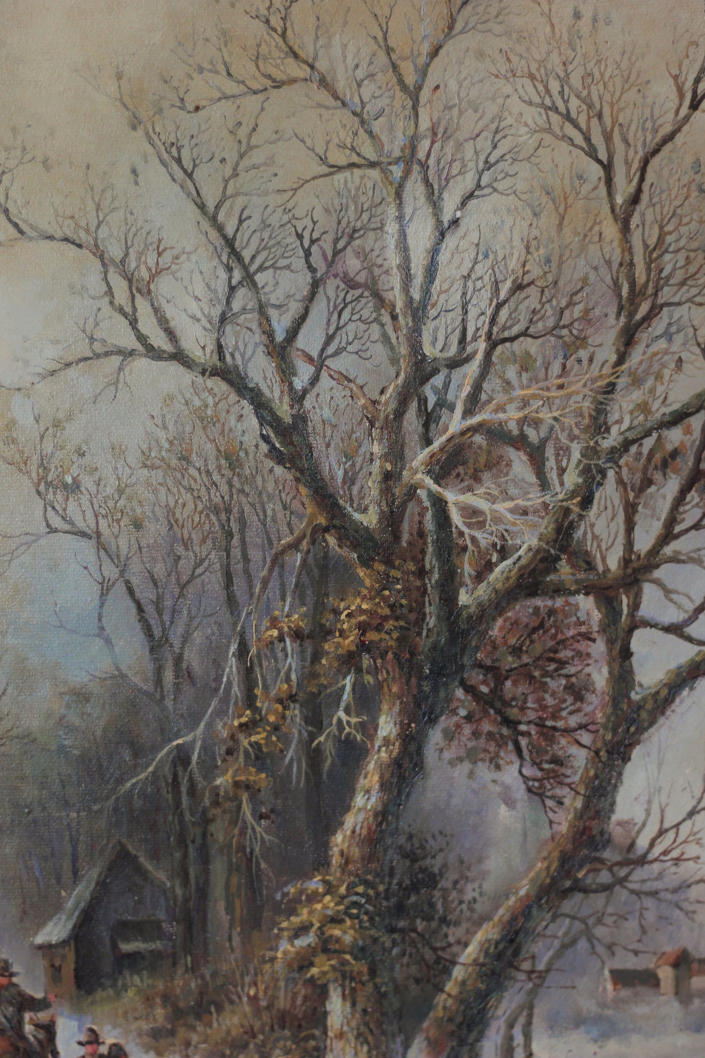 Rustic Winter Village Scene with Skaters and Figures, Oil on Canvas