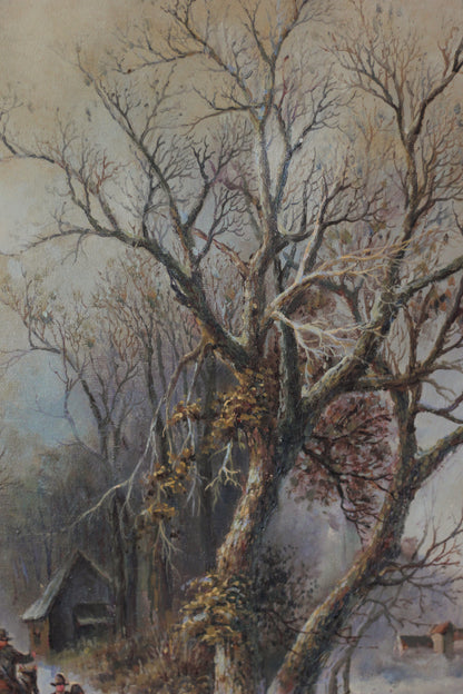Rustic Winter Village Scene with Skaters and Figures, Oil on Canvas