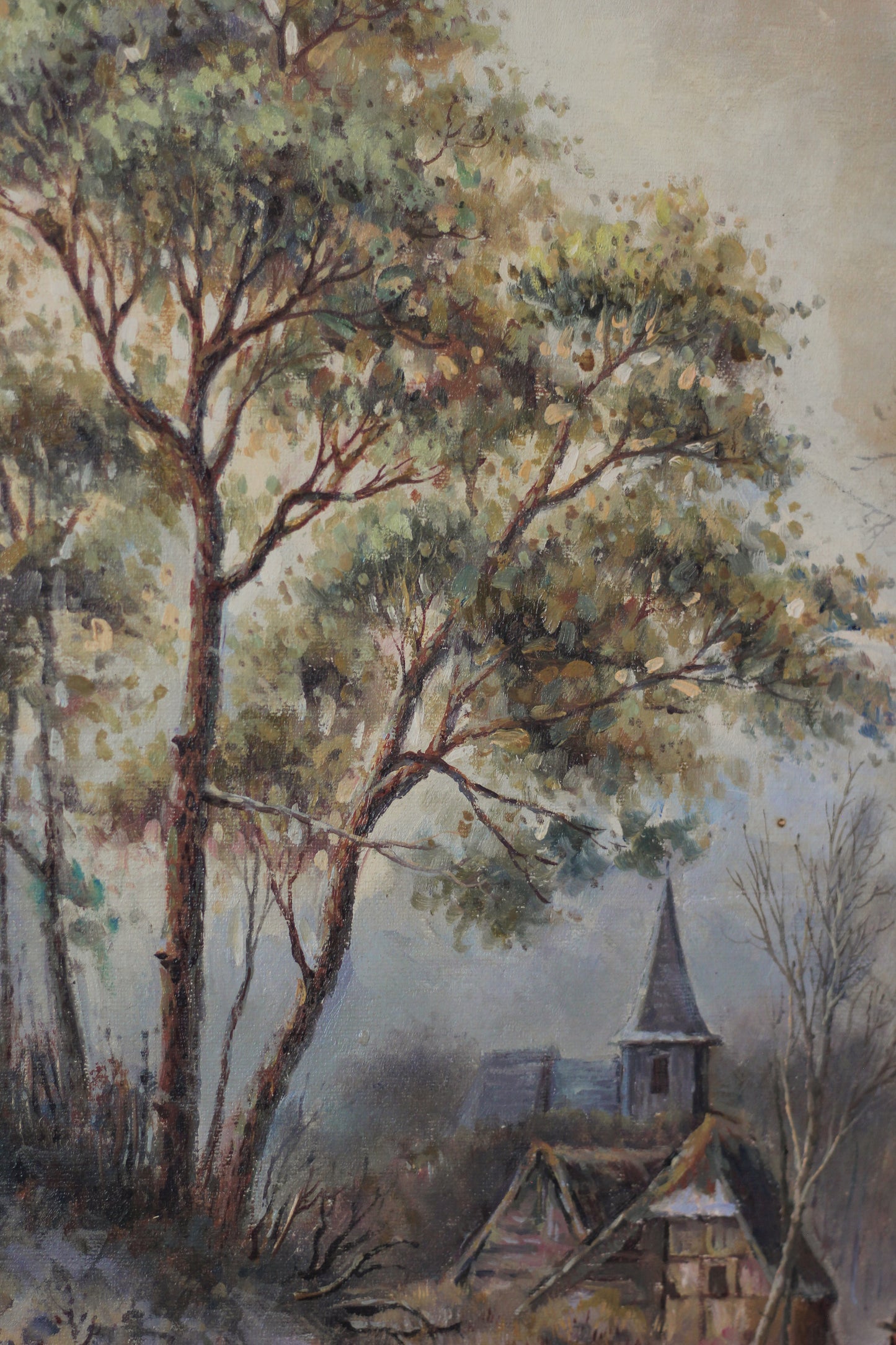 Rustic Winter Village Scene with Skaters and Figures, Oil on Canvas