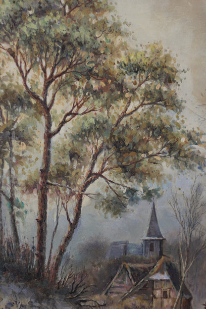 Rustic Winter Village Scene with Skaters and Figures, Oil on Canvas