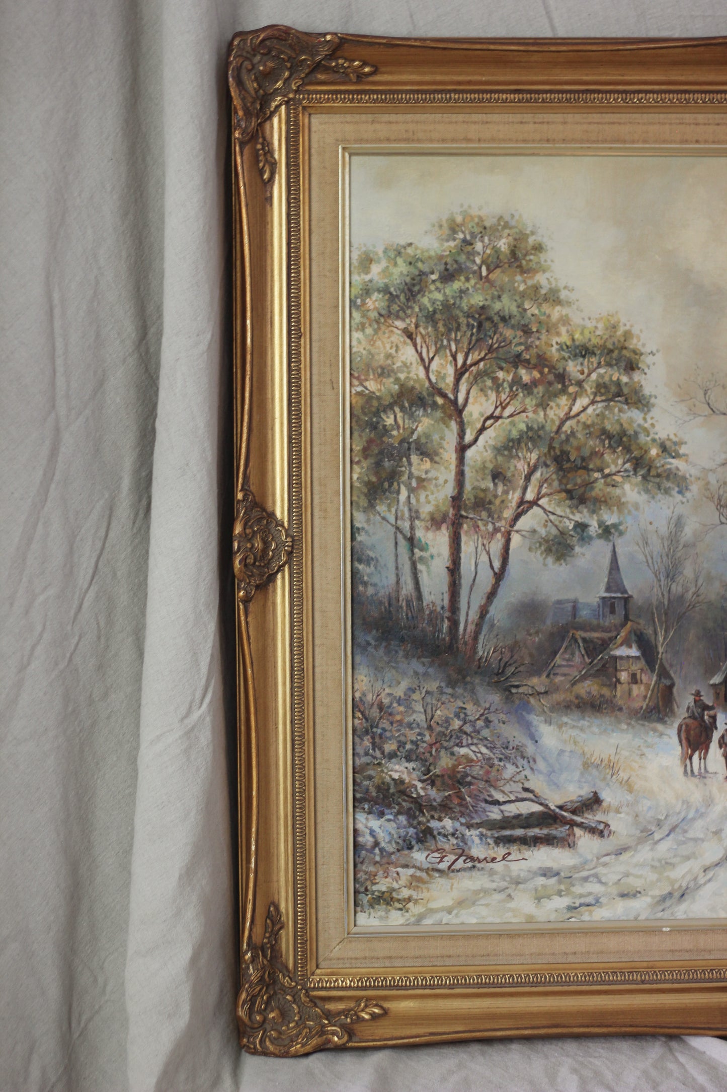 Rustic Winter Village Scene with Skaters and Figures, Oil on Canvas