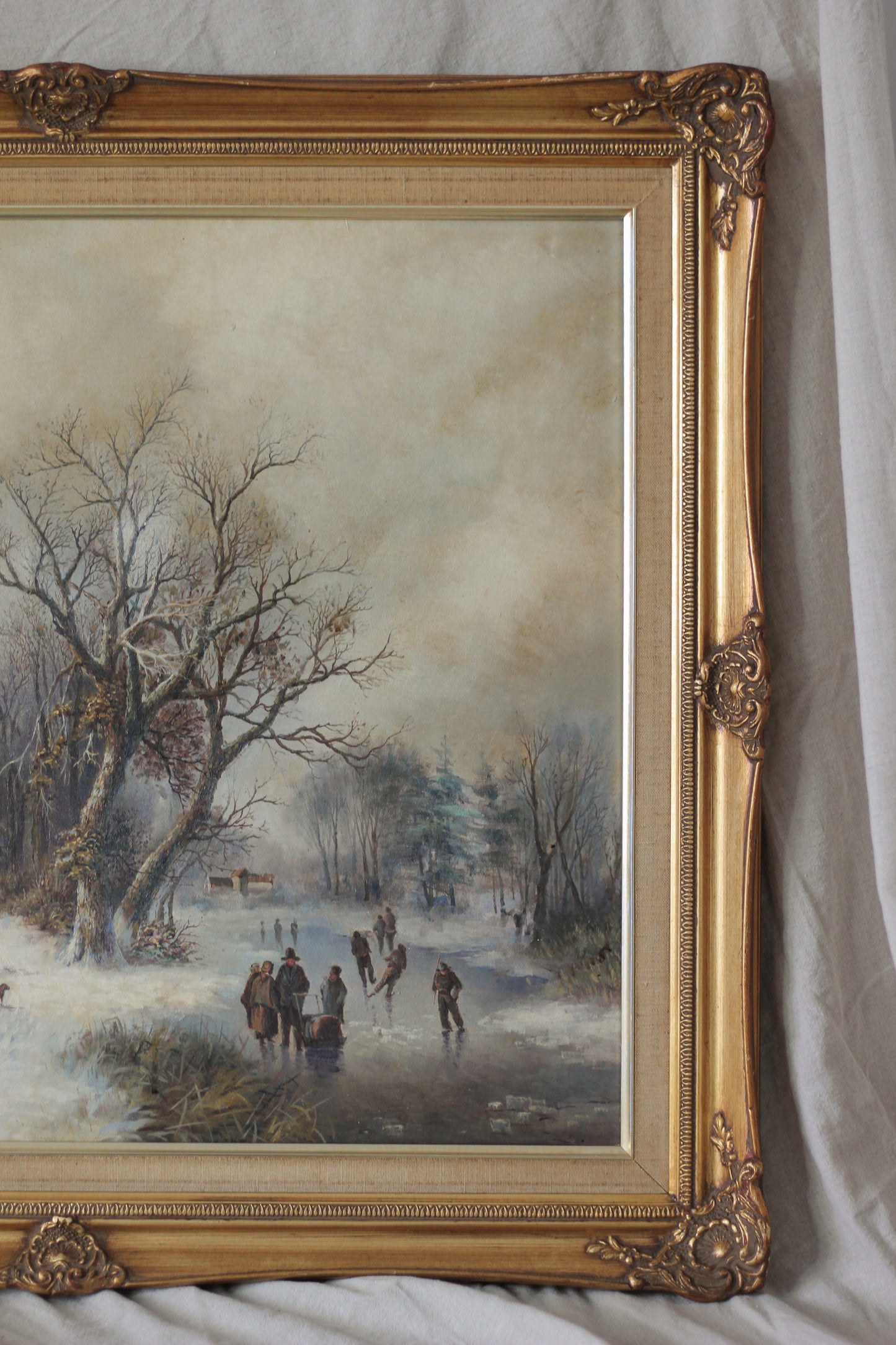 Rustic Winter Village Scene with Skaters and Figures, Oil on Canvas