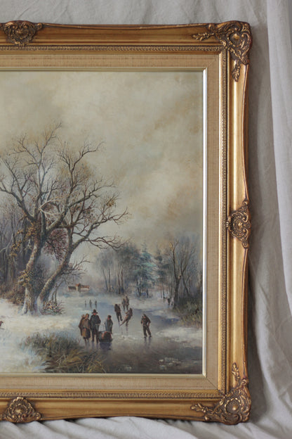 Rustic Winter Village Scene with Skaters and Figures, Oil on Canvas