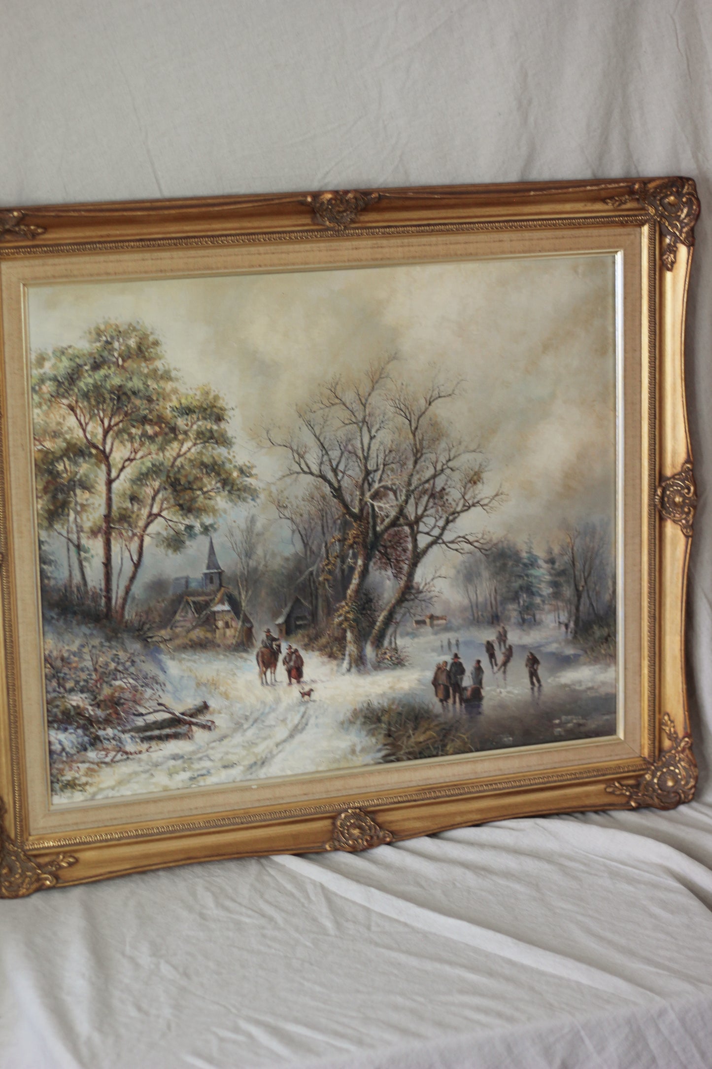 Rustic Winter Village Scene with Skaters and Figures, Oil on Canvas