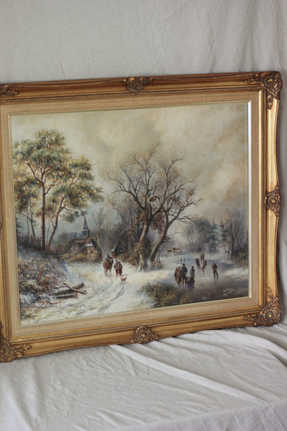 Rustic Winter Village Scene with Skaters and Figures, Oil on Canvas