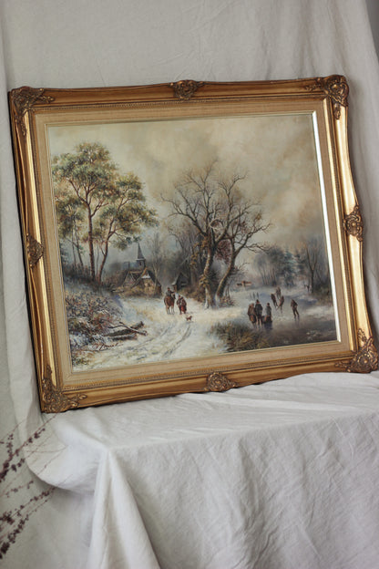Rustic Winter Village Scene with Skaters and Figures, Oil on Canvas