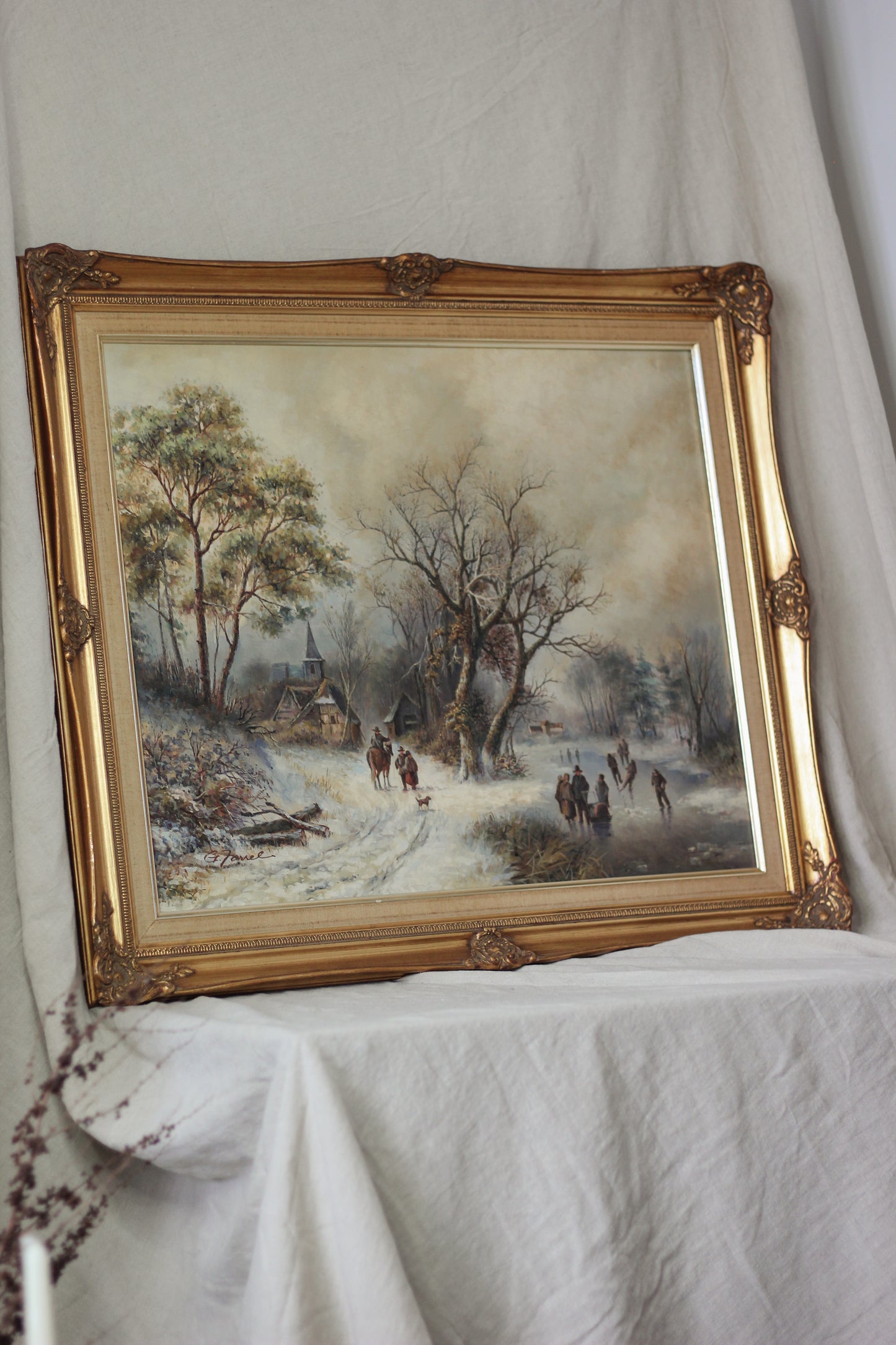 Rustic Winter Village Scene with Skaters and Figures, Oil on Canvas