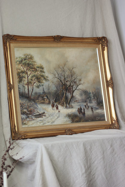 Rustic Winter Village Scene with Skaters and Figures, Oil on Canvas