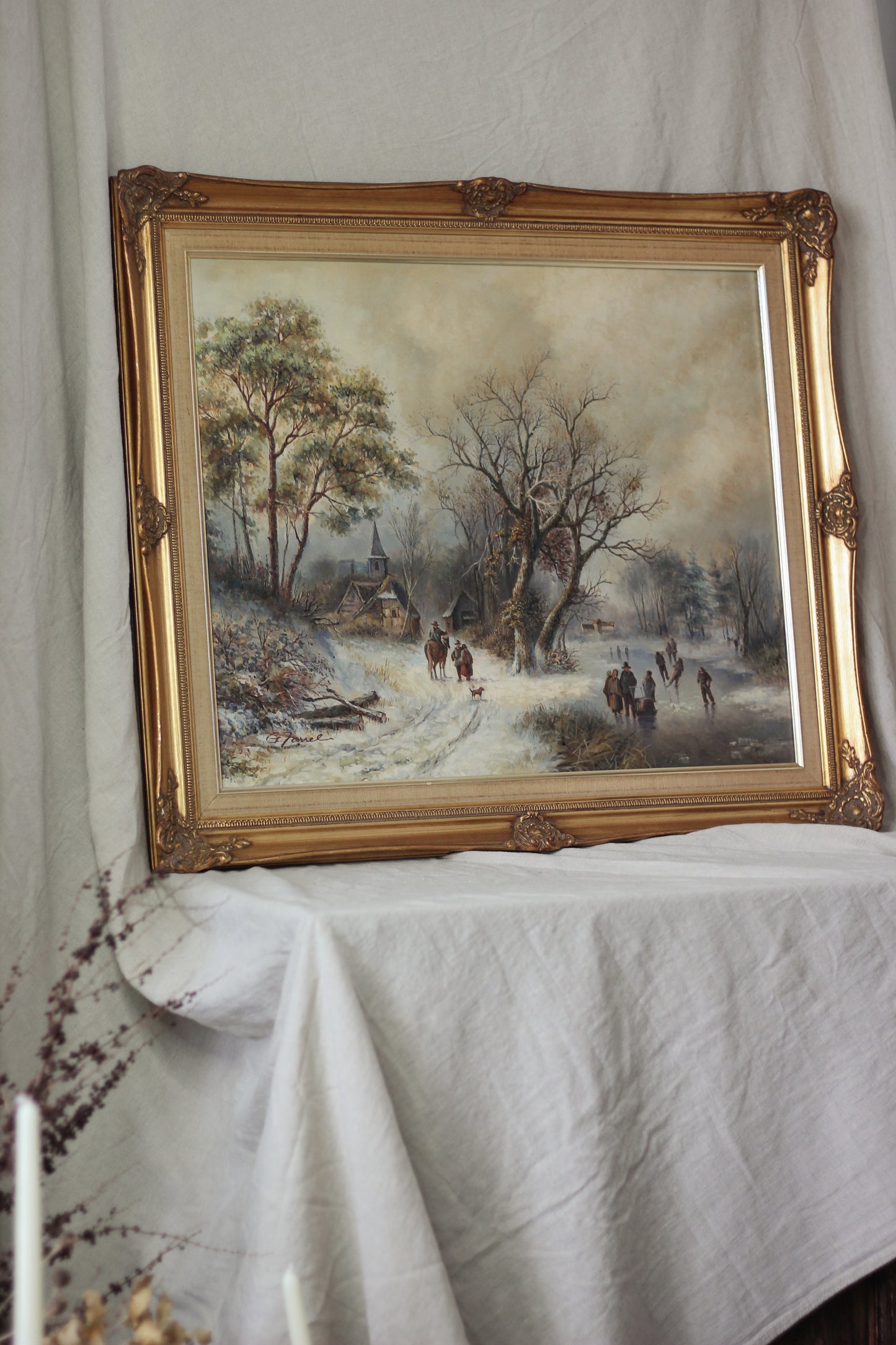Rustic Winter Village Scene with Skaters and Figures, Oil on Canvas