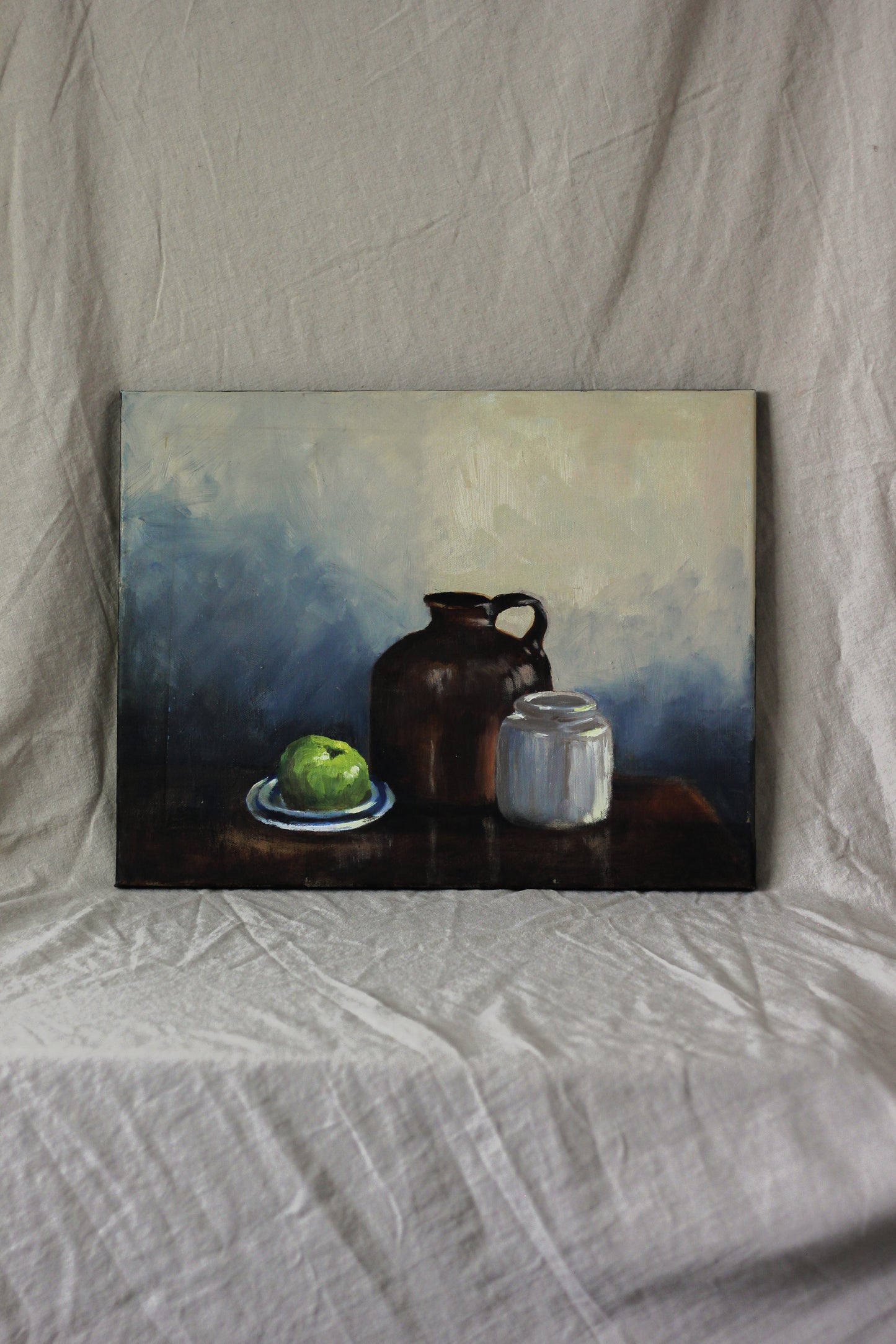 Jug, Jar and Green Apple, Oil on Canvas