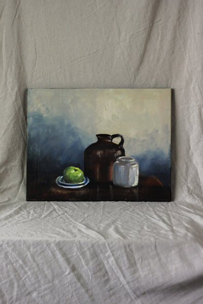 Jug, Jar and Green Apple, Oil on Canvas