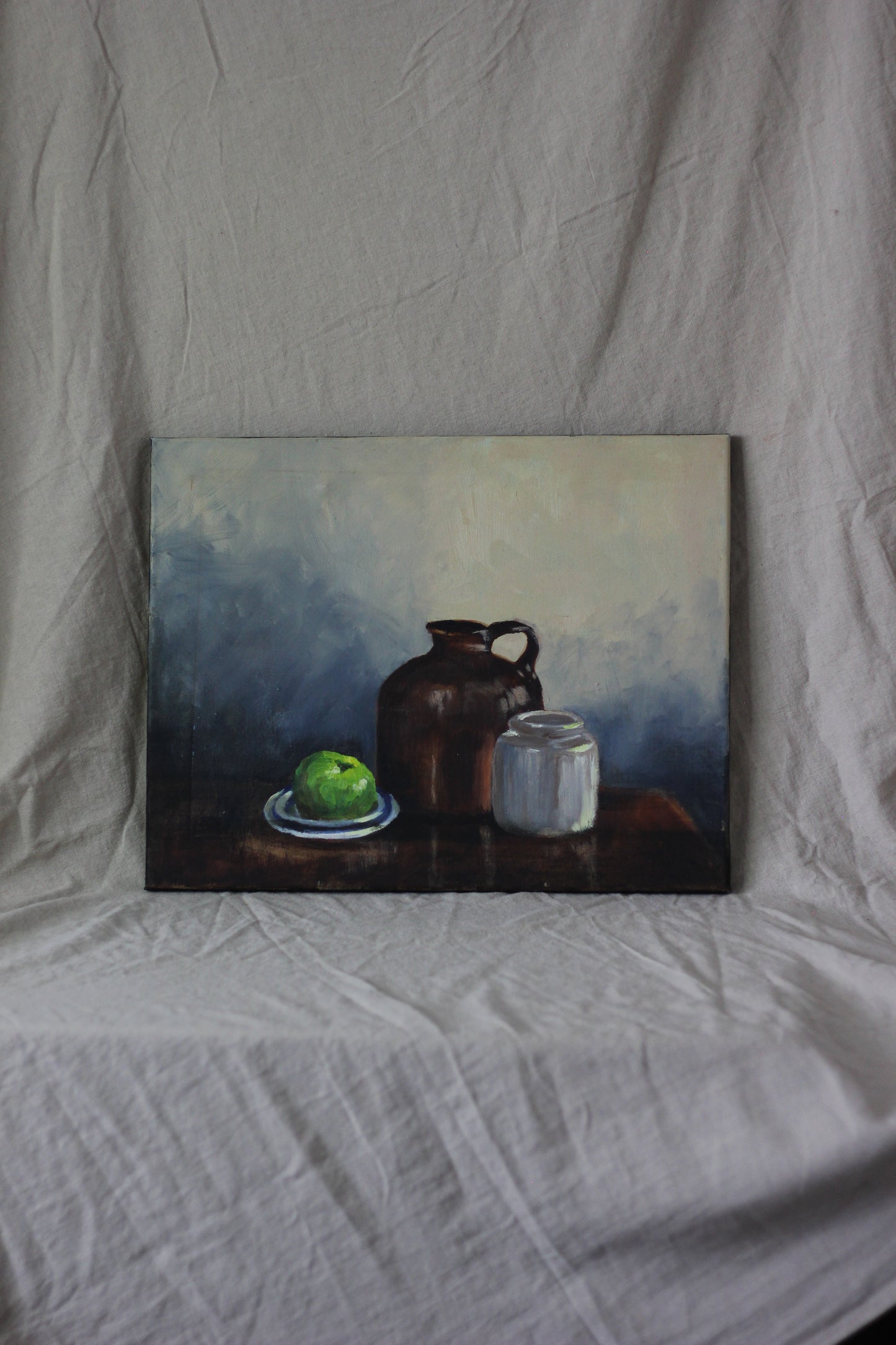 Jug, Jar and Green Apple, Oil on Canvas