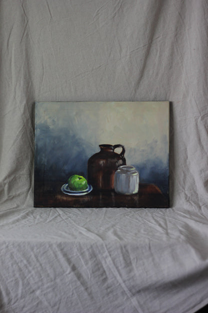 Jug, Jar and Green Apple, Oil on Canvas