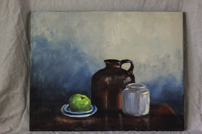 Jug, Jar and Green Apple, Oil on Canvas