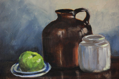 Jug, Jar and Green Apple, Oil on Canvas