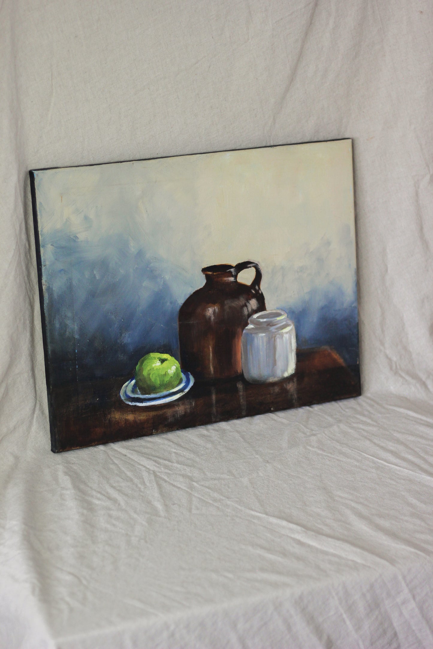 Jug, Jar and Green Apple, Oil on Canvas