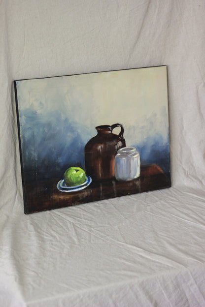 Jug, Jar and Green Apple, Oil on Canvas