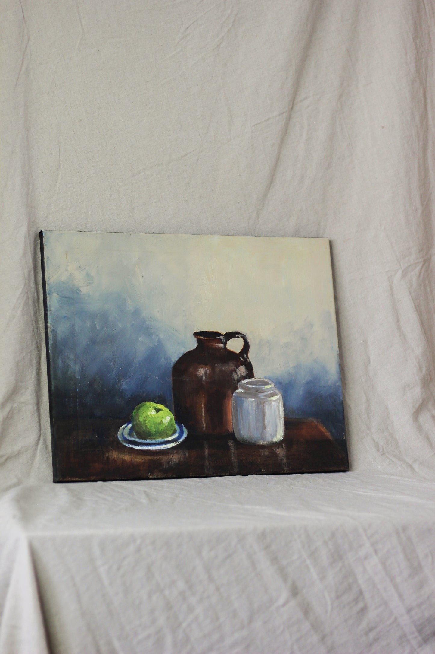Jug, Jar and Green Apple, Oil on Canvas