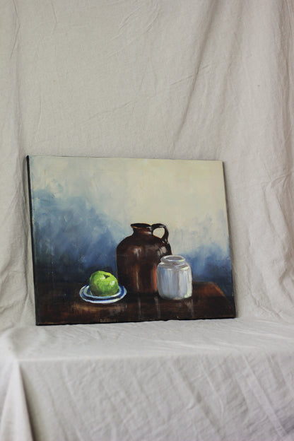 Jug, Jar and Green Apple, Oil on Canvas
