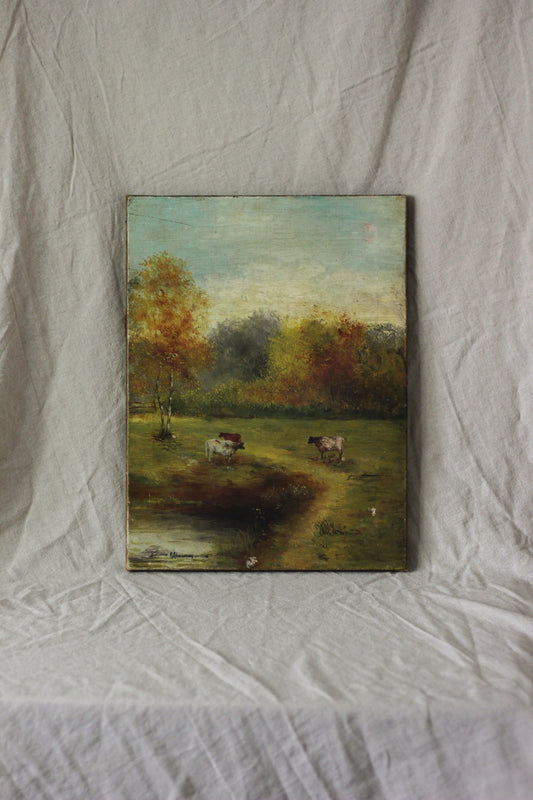 Autumn Countryside Landscape with Cows, Oil on Canvas