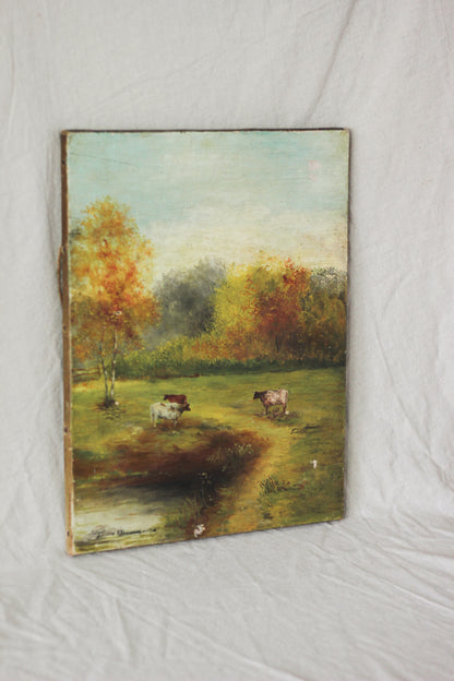 Autumn Countryside Landscape with Cows, Oil on Canvas