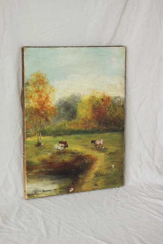 Autumn Countryside Landscape with Cows, Oil on Canvas