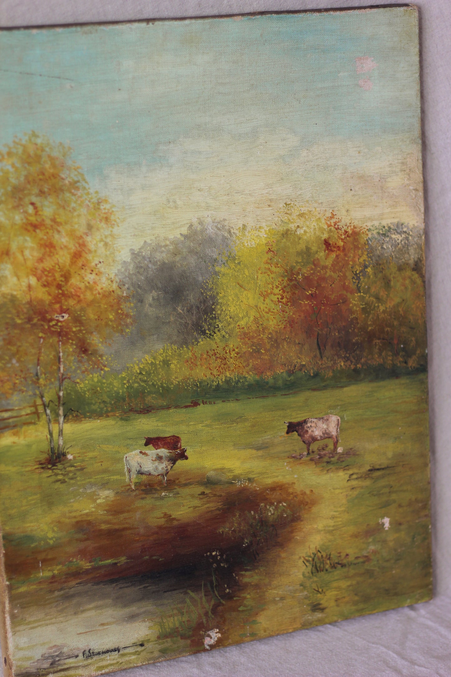 Autumn Countryside Landscape with Cows, Oil on Canvas