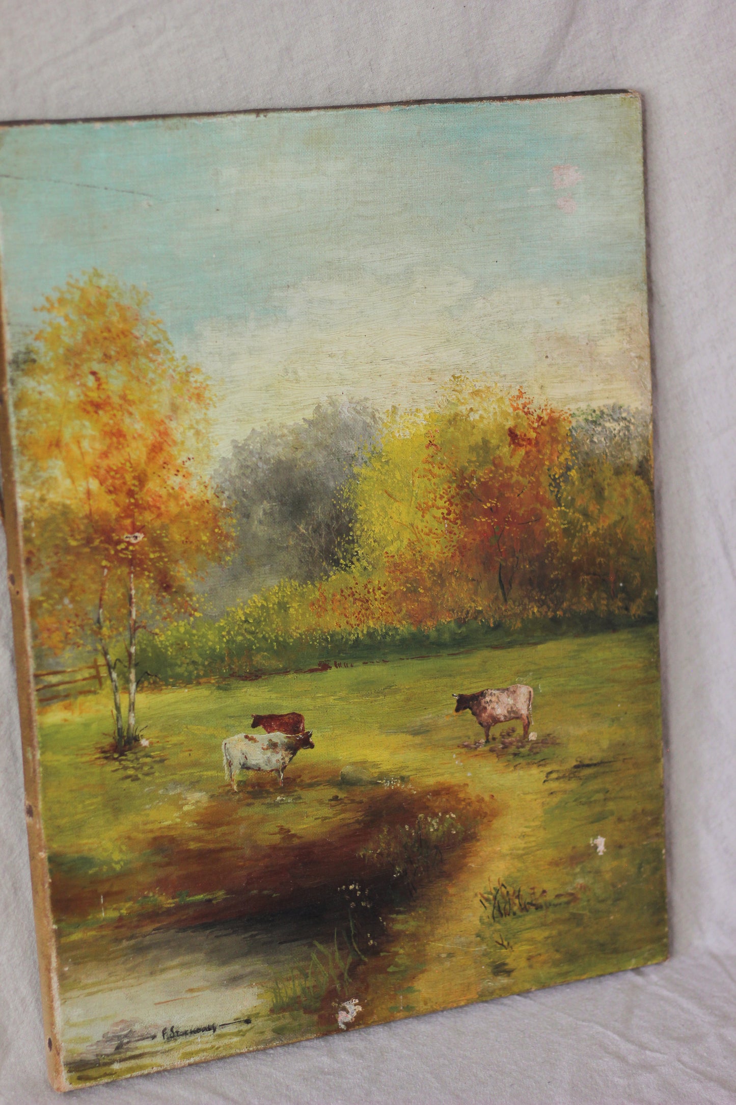 Autumn Countryside Landscape with Cows, Oil on Canvas