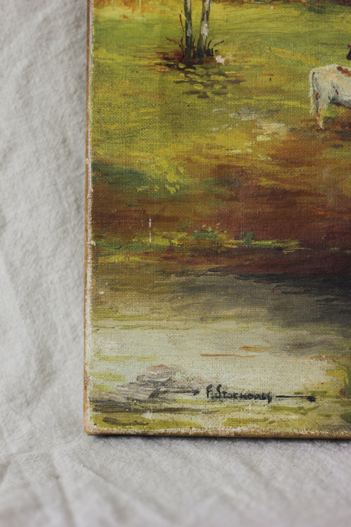 Autumn Countryside Landscape with Cows, Oil on Canvas