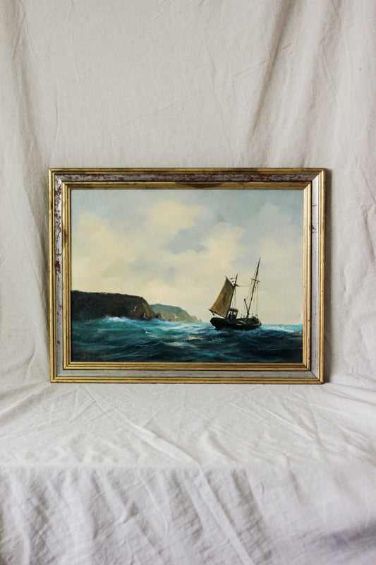 Nautical Coastal Scene with Fishing Boat, Oil on Canvas