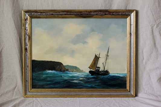 Nautical Coastal Scene with Fishing Boat, Oil on Canvas