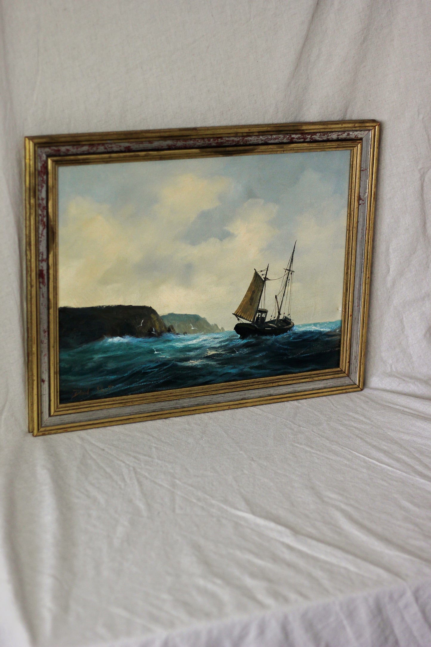 Nautical Coastal Scene with Fishing Boat, Oil on Canvas