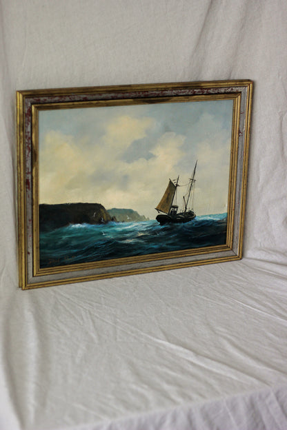 Nautical Coastal Scene with Fishing Boat, Oil on Canvas
