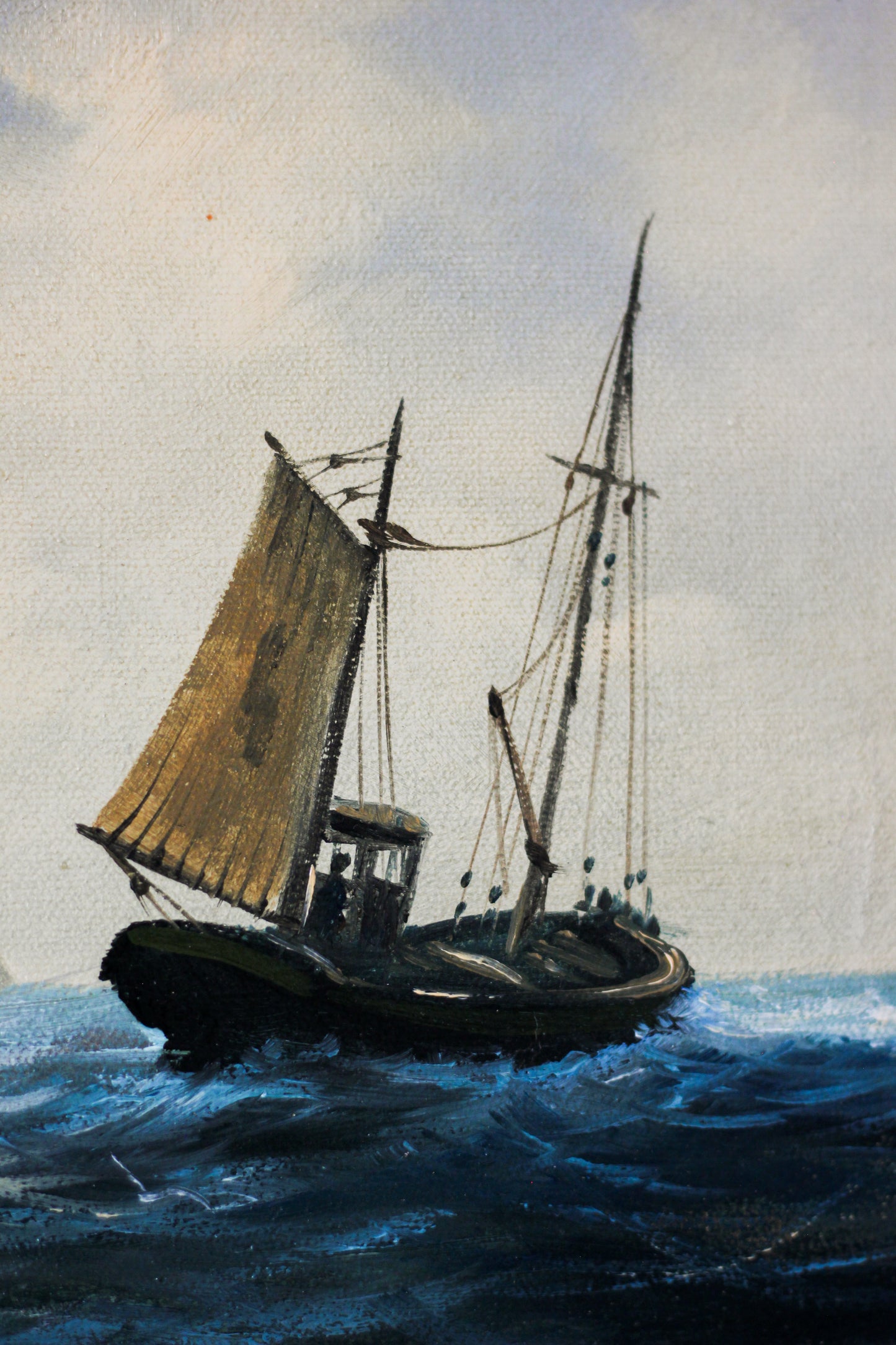 Nautical Coastal Scene with Fishing Boat, Oil on Canvas