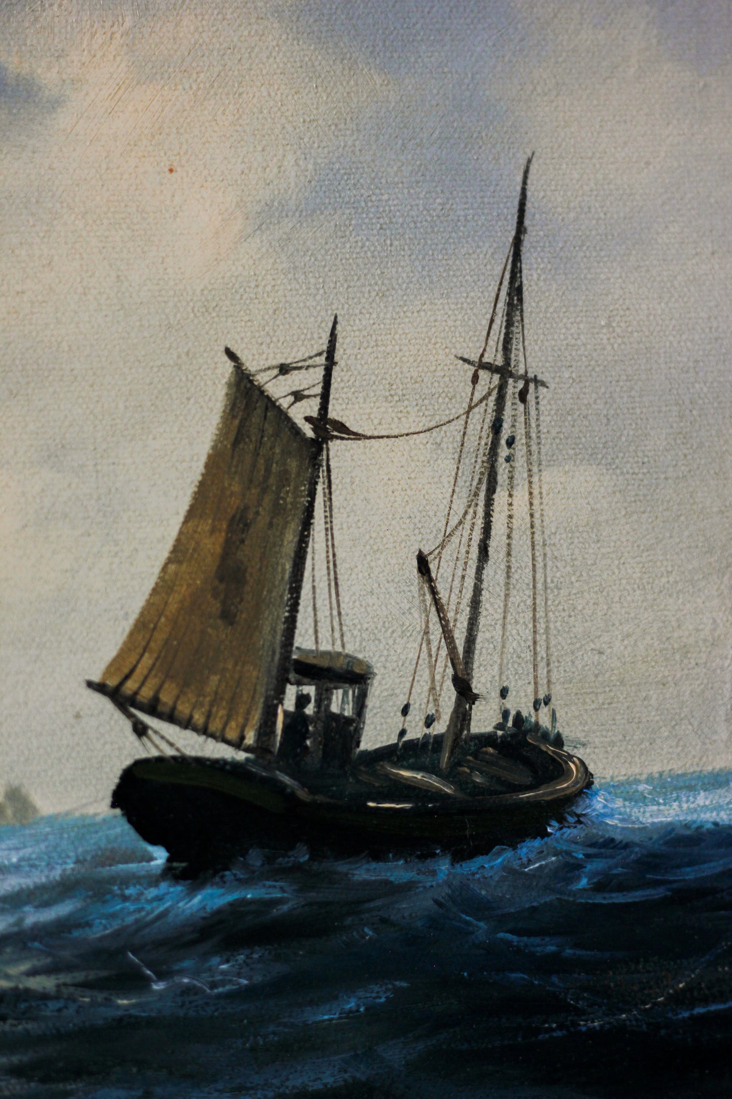 Nautical Coastal Scene with Fishing Boat, Oil on Canvas