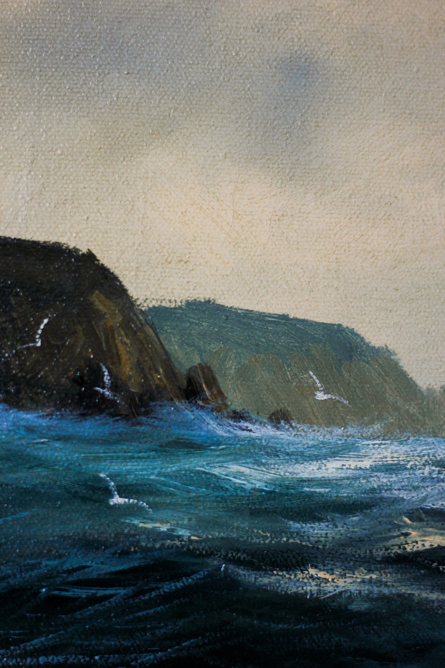Nautical Coastal Scene with Fishing Boat, Oil on Canvas