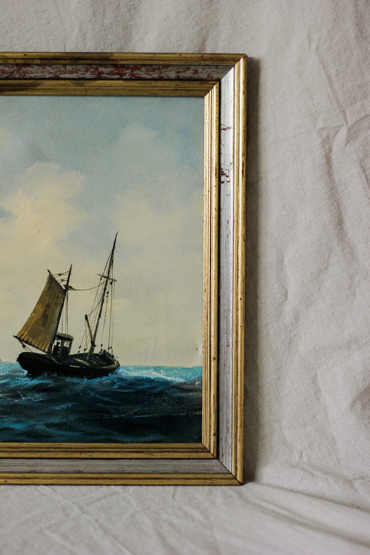 Nautical Coastal Scene with Fishing Boat, Oil on Canvas