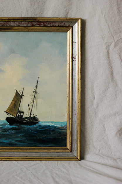 Nautical Coastal Scene with Fishing Boat, Oil on Canvas