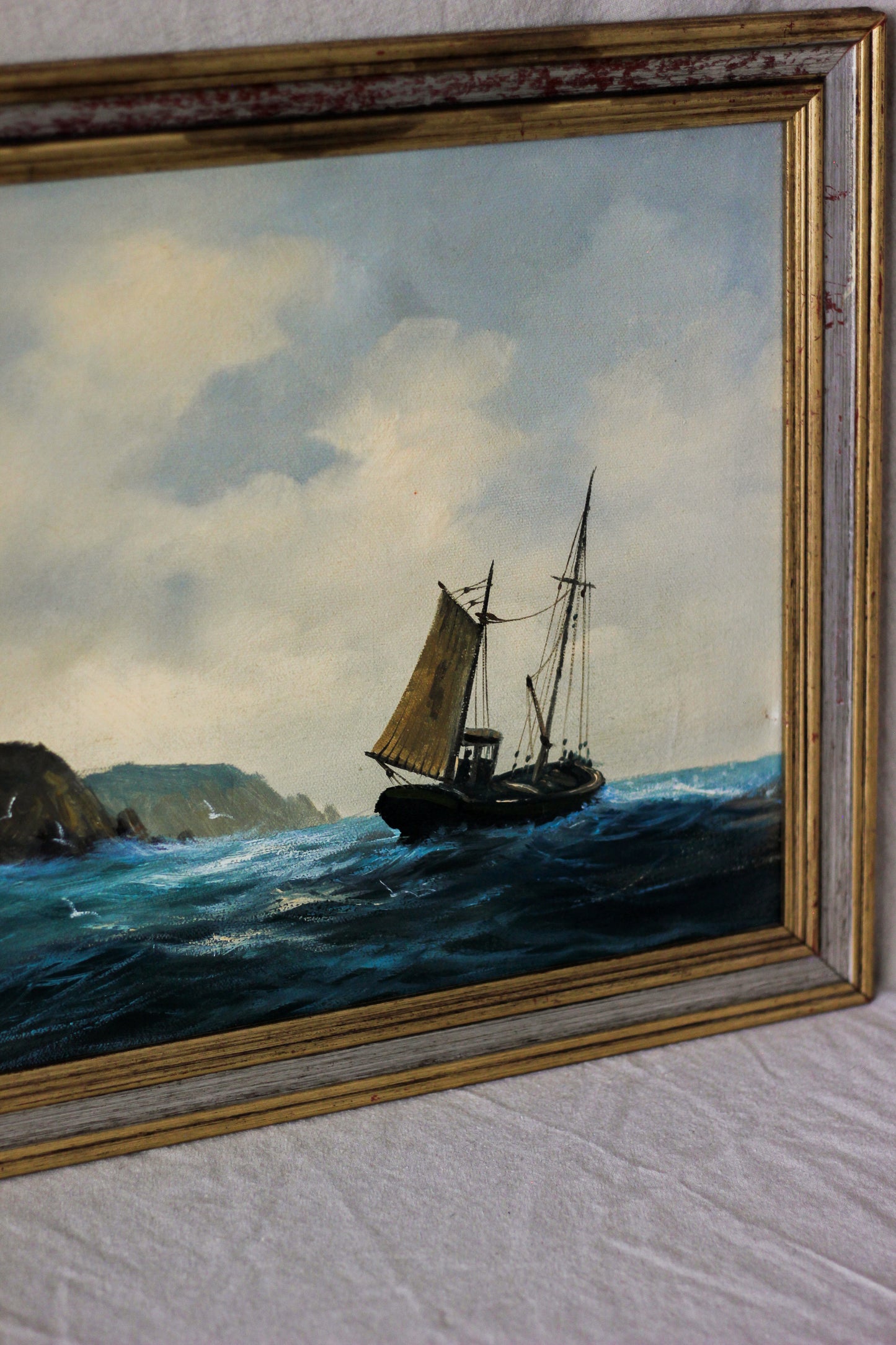 Nautical Coastal Scene with Fishing Boat, Oil on Canvas