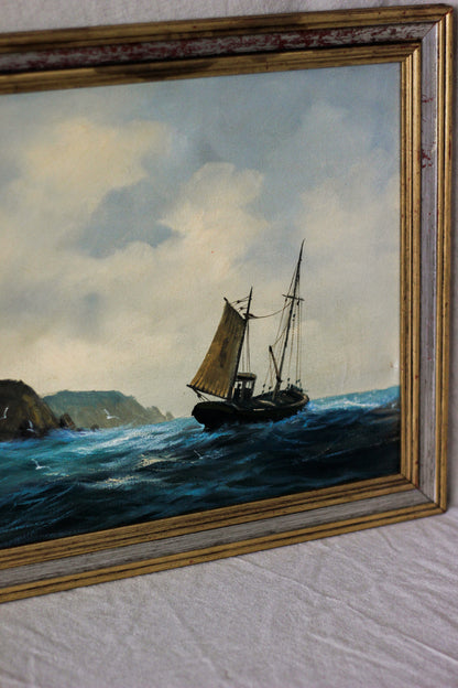 Nautical Coastal Scene with Fishing Boat, Oil on Canvas