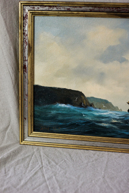 Nautical Coastal Scene with Fishing Boat, Oil on Canvas