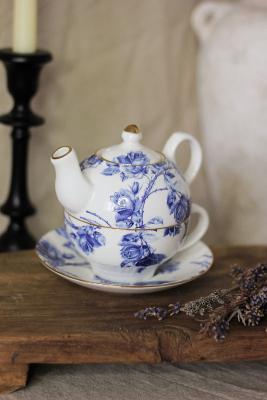 Blue Rose Fine Bone China Teapot, Cup & Saucer Trio