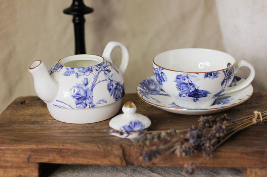 Blue Rose Fine Bone China Teapot, Cup & Saucer Trio